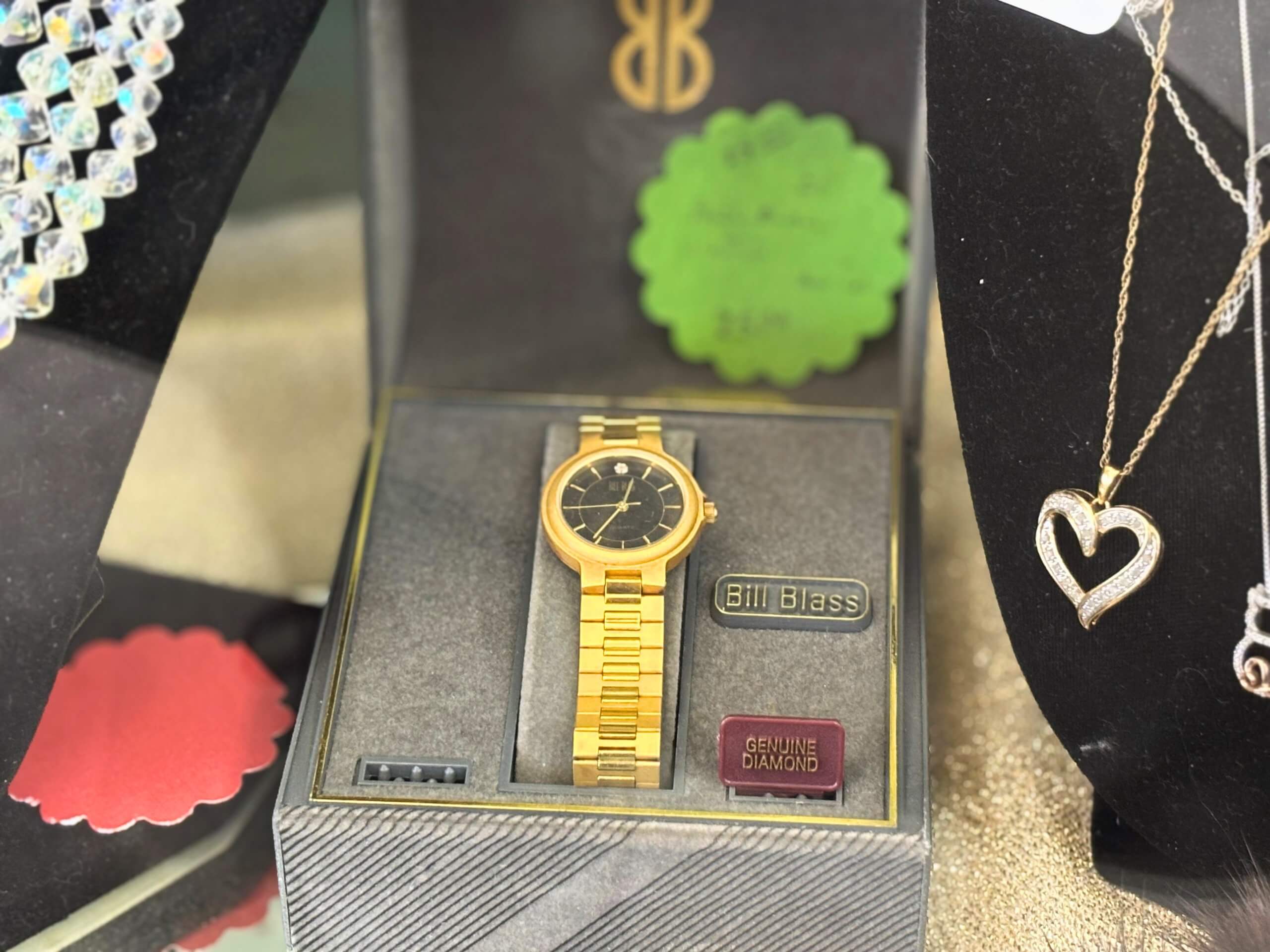 Bill Blass gold wristwatch with genuine diamond, in original box, on display at Elmwood Antique Centre in Abilene, TX